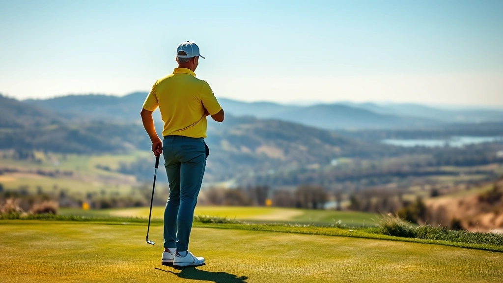 Competitive golfer standing on a scenic golf course fairway reviewing course layout and strategic shot options, analyzing terrain and hazard positioning