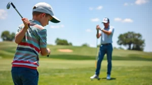 Young student on golf course during instruction, focused on swing technique, natural daylight, instructor visible in background providing guidance, learning environment