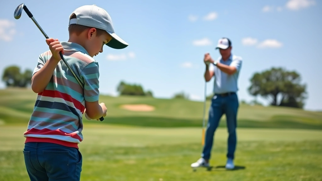 Young student on golf course during instruction, focused on swing technique, natural daylight, instructor visible in background providing guidance, learning environment