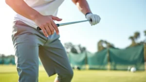Golfer demonstrating proper grip and stance position on practice range, hands showing correct finger placement, athletic posture with flexed knees, sunlit outdoor golf facility