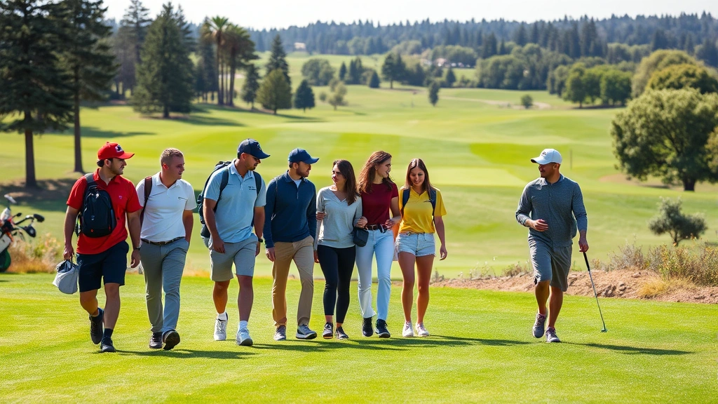 Group of diverse students walking golf course discussing strategy, engaged in conversation, scenic course landscape, collaborative learning moment, outdoor education setting