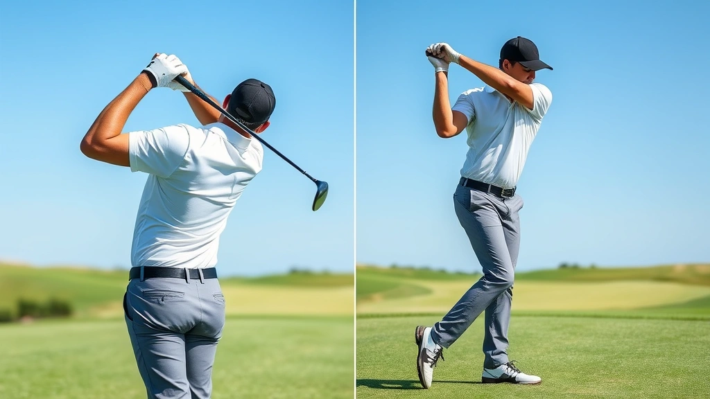 Professional golfer mid-swing showing complete rotational sequence, coiled position at top of backswing, muscular engagement visible, manicured fairway background with clear sky