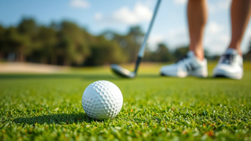 Close-up of golf ball on green with student analyzing shot, thinking expression, concentration and problem-solving visualization, educational golf instruction scene