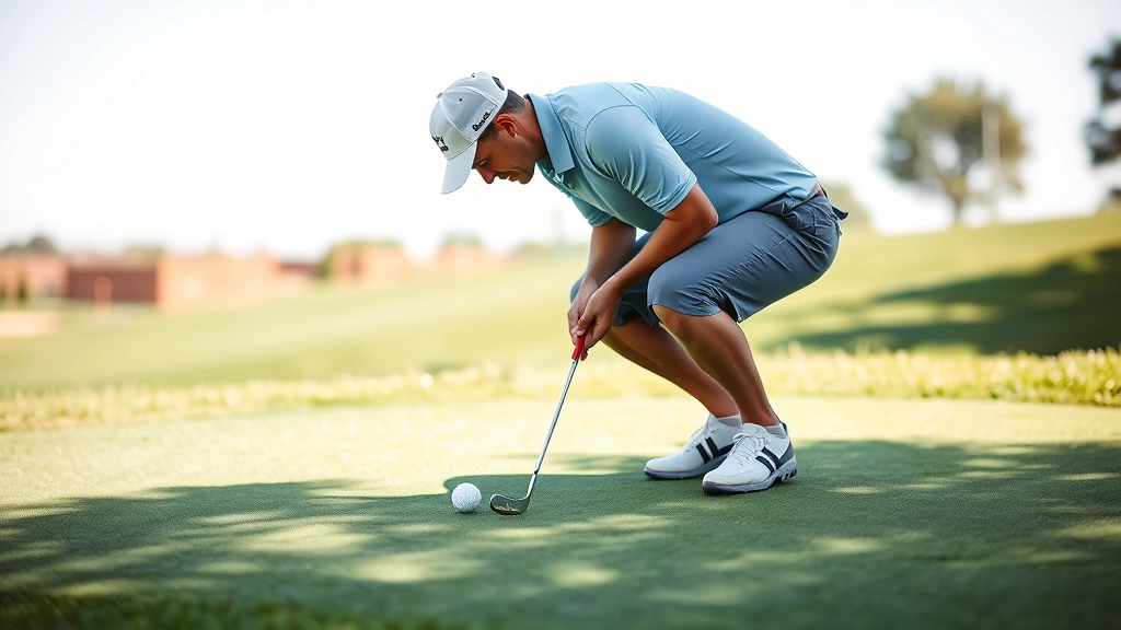 Golfer practicing short game on practice green, bent over putting stance with putter, focused concentration on ball, well-maintained green with cup visible, outdoor natural lighting