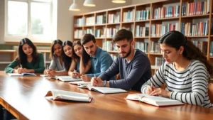A diverse group of students sitting at a wooden table in a bright library, taking notes and studying together, natural window light illuminating their focused expressions and open textbooks