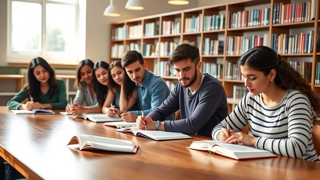 A diverse group of students sitting at a wooden table in a bright library, taking notes and studying together, natural window light illuminating their focused expressions and open textbooks