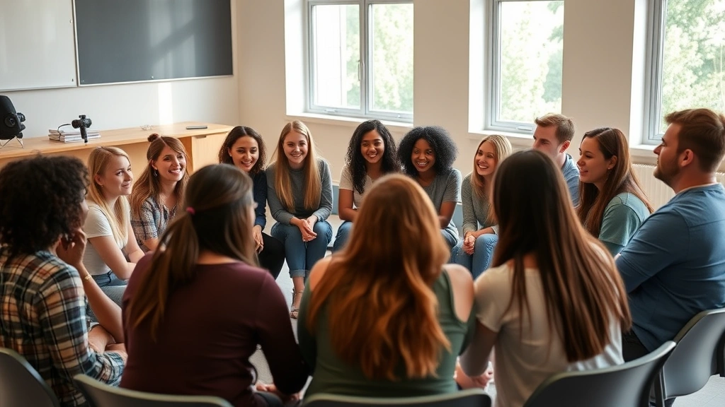 Diverse group of engaged students sitting in a circle during a classroom discussion, smiling and actively participating, natural daylight from windows, warm and welcoming atmosphere