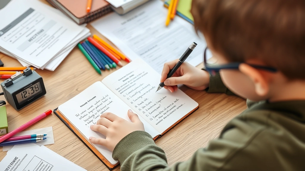 A young learner writing practice questions in a notebook with colorful pens, surrounded by organized study materials, papers, and a timer visible on the desk, showing engaged active learning