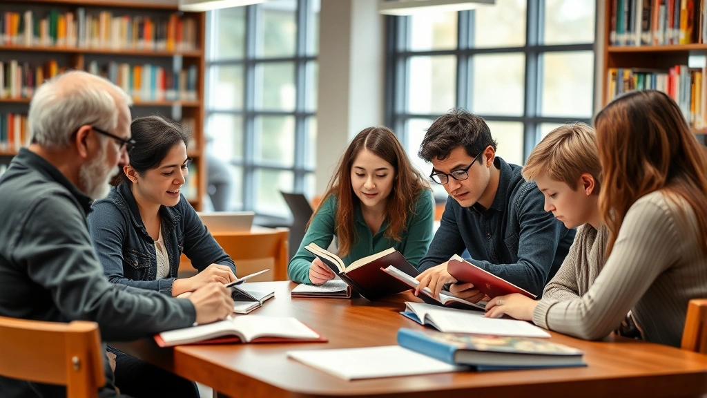 Multi-generational study group collaborating together at a library table with books and notebooks, showing teamwork and shared enthusiasm for learning, focused and supportive environment