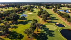 Wide aerial view of an 18-hole championship golf course with manicured fairways, mature oak trees, and water hazards under Louisiana sunshine, golfers in the distance on different holes