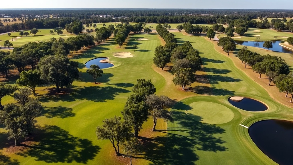 Wide aerial view of an 18-hole championship golf course with manicured fairways, mature oak trees, and water hazards under Louisiana sunshine, golfers in the distance on different holes