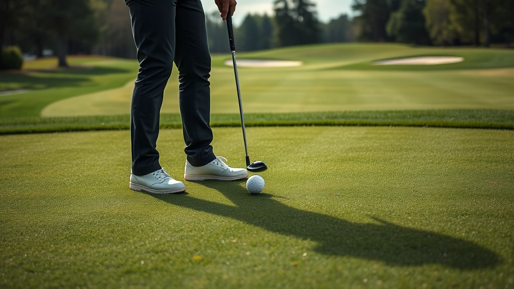 Close-up of golfer addressing ball on tee box with pristine fairway stretching ahead, strategic bunkers visible, professional form