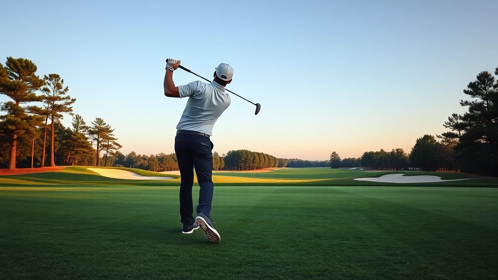 Professional golfer hitting a perfect iron shot from the fairway toward a distant green, with bunkers and trees framing the shot, early morning light