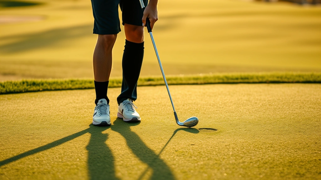 Golfer reading green and preparing putt on elevated green with subtle contours, studying break lines with focus and concentration