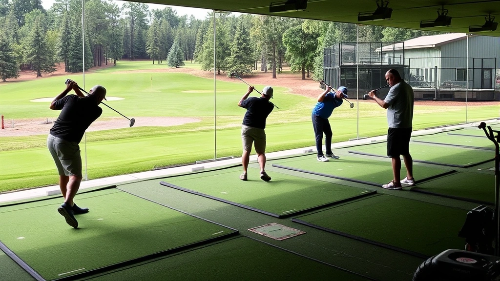Practice facility with multiple golfers working on their swings at a driving range with target greens, chipping areas visible in background, professional maintenance equipment nearby