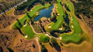 Aerial view of a beautifully designed golf course with multiple holes visible, featuring fairways winding through natural landscape with water hazards and native trees, green putting surfaces clearly defined, professional photography showcasing course routing and terrain integration