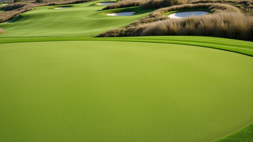 Close-up of a championship-quality putting green with subtle contours and undulations, surrounded by manicured fairway transitioning to natural rough vegetation, bunkers visible in background, demonstrating green design complexity and strategic positioning