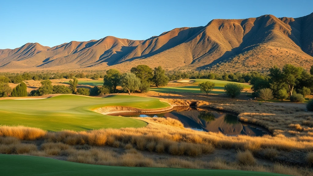 Wide landscape photograph of a golf hole featuring dramatic elevation changes, natural water feature reflecting surrounding vegetation, strategic bunker placement, fairway corridor cutting through native trees and landscape, exemplifying aesthetic integration with terrain