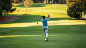 Professional golfer executing full swing on manicured fairway with undulating green in background, natural lighting, realistic golf course landscape