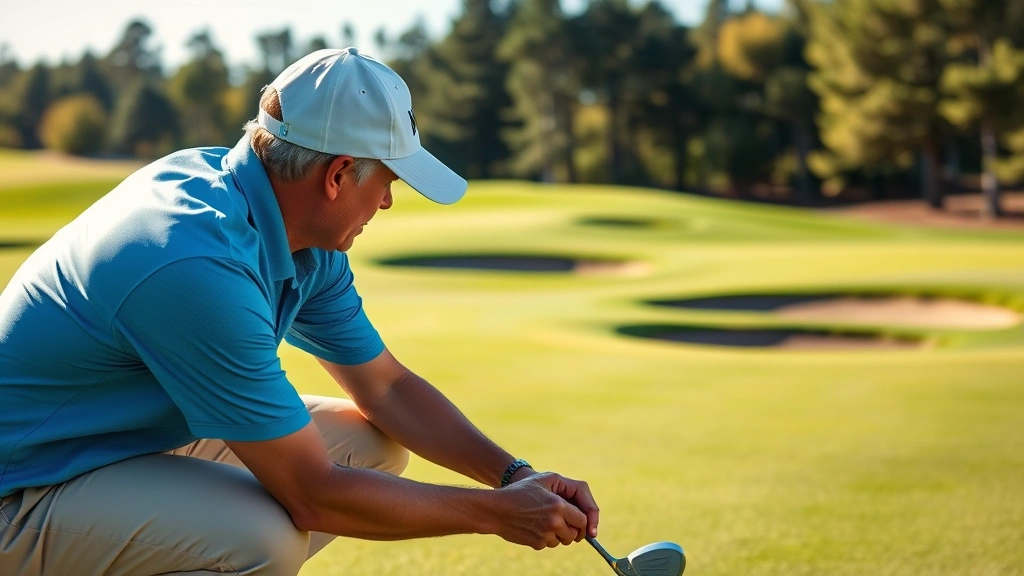 Golfer studying putting green with multiple elevation breaks, focused concentration, natural outdoor lighting, championship course setting