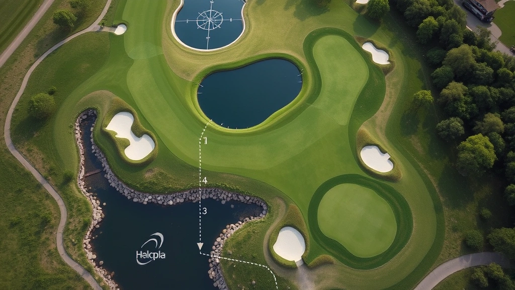 Aerial view of strategic golf hole with bunkers, water hazard, and elevated green, showing course architecture and design complexity