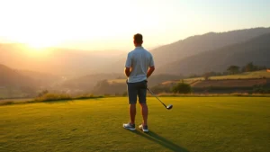A beginner golfer standing on the fairway at sunrise, holding a golf club with focus, scenic valley landscape in soft morning light, peaceful and inspiring atmosphere