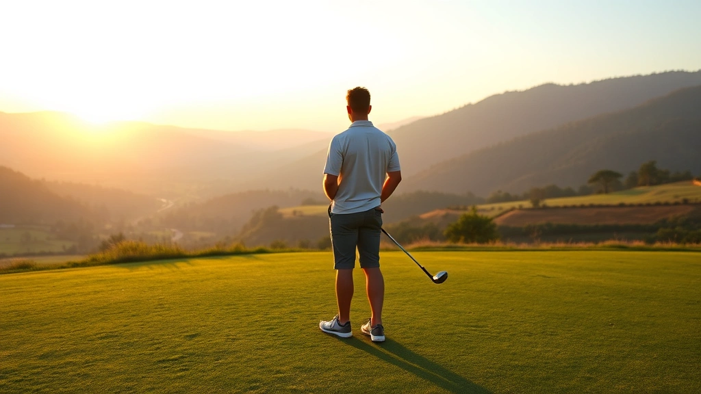 A beginner golfer standing on the fairway at sunrise, holding a golf club with focus, scenic valley landscape in soft morning light, peaceful and inspiring atmosphere