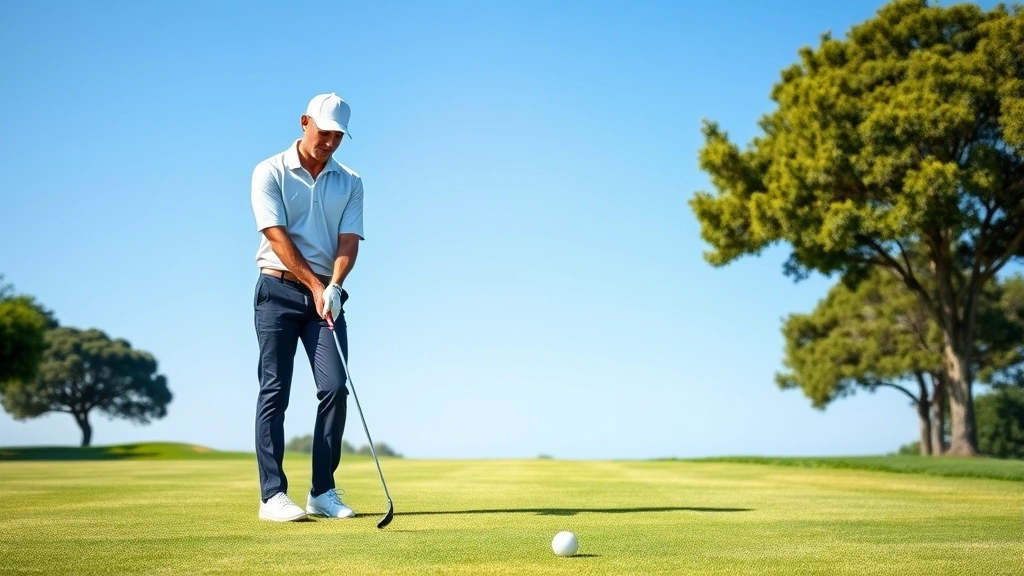 Professional golfer in collared shirt and proper golf attire standing on fairway holding putter, demonstrating correct posture and professional appearance, manicured grass and clear blue sky background