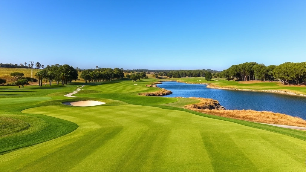 A golf course landscape showing well-maintained fairways, strategic water hazards, and tree-lined corridors with natural elevation changes, under blue sky