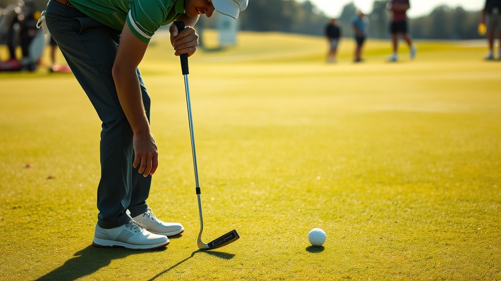 Golfer using ball mark repair tool on pristine green, bent over concentrating on technique, sunlight illuminating the green, other players visible in distance standing quietly
