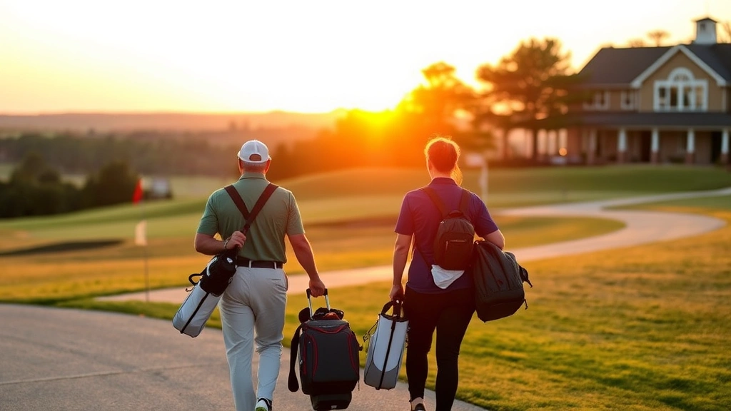 Golfers walking toward the clubhouse at golden hour, carrying bags, smiling and conversing, with course landscape and trees visible in background