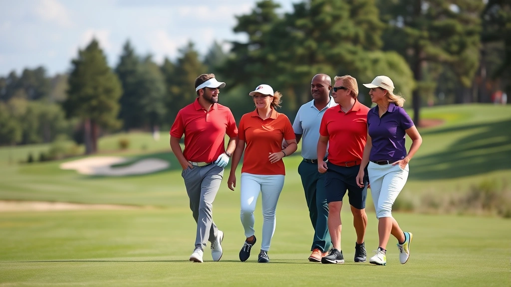 Diverse group of four golfers walking together on fairway in pleasant conversation, displaying positive body language and camaraderie, beautiful golf course landscape with trees and bunkers visible