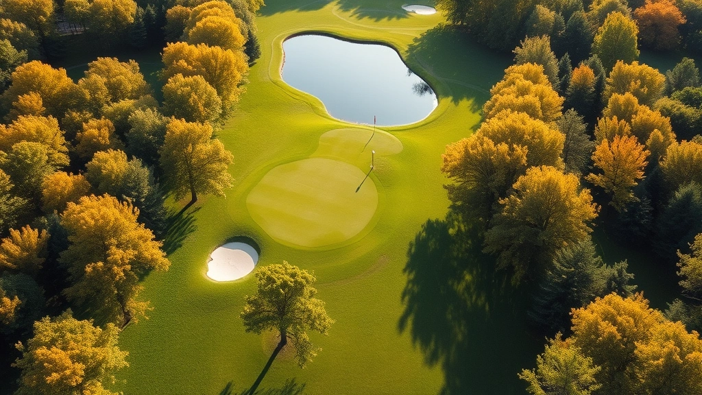 Aerial view of lush maple trees surrounding pristine golf fairway with bunkers and water hazard, morning sunlight creating shadows across the manicured grass, no golfers visible, serene landscape composition