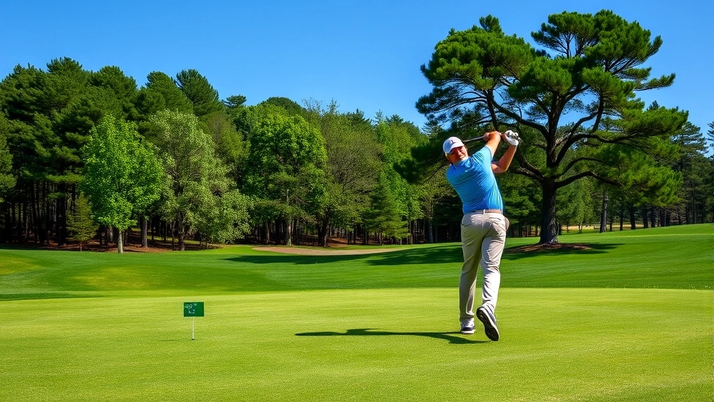 Golfer mid-swing on fairway with manicured grass, trees in background, bright daylight, professional golf course setting, realistic photography style