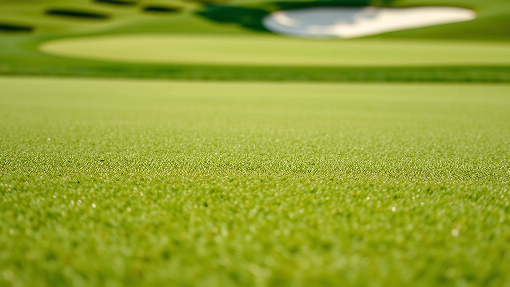 Close-up of well-maintained putting green with subtle elevation contours, bunker in background, fresh green grass under natural daylight, professional course conditions, no players or text visible