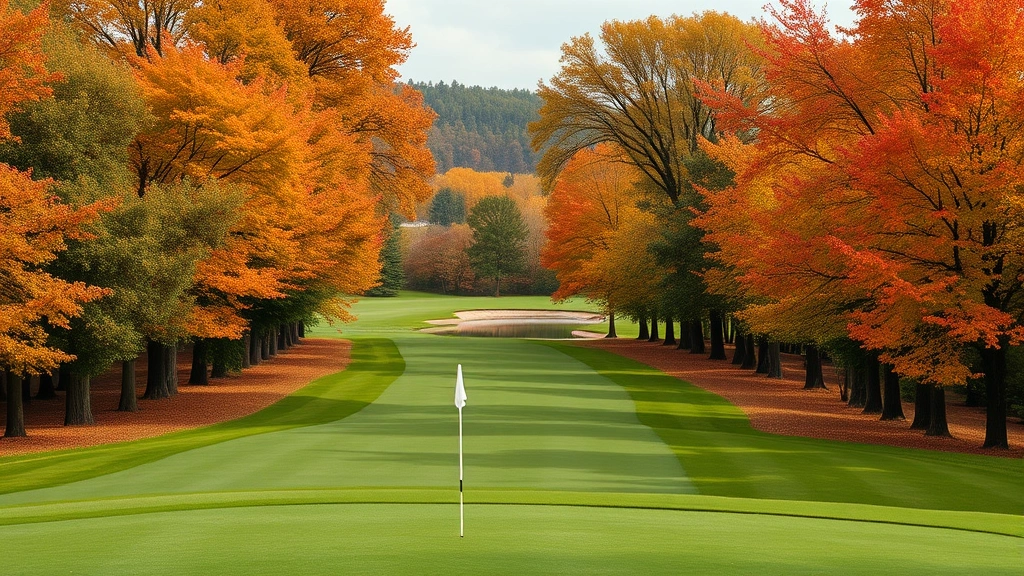 Scenic golf hole view with mature maple trees lining both sides of fairway, elevated tee box perspective, natural water feature visible, autumn foliage with golden and red colors, professional landscape photography