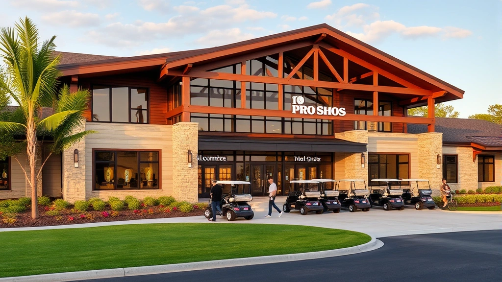 Modern clubhouse exterior with pro shop visible, landscaped entrance, golf carts lined up, players walking toward building, welcoming facility appearance