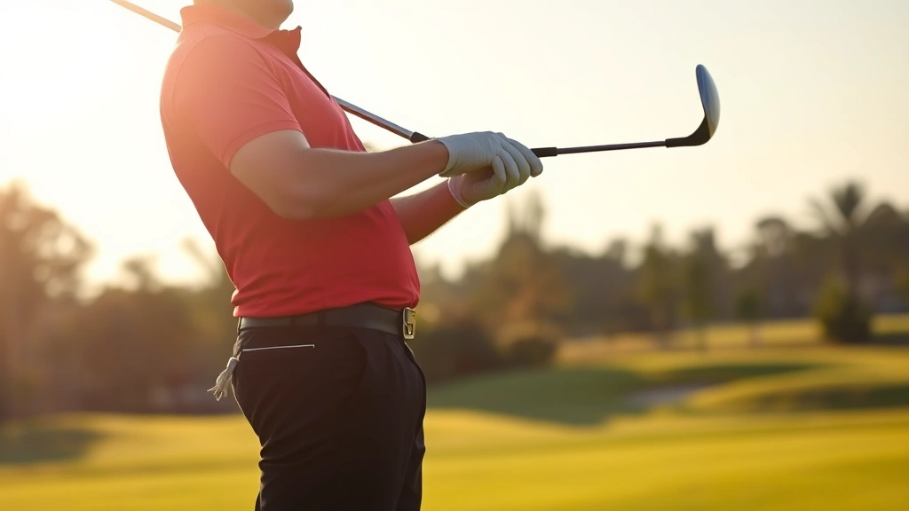 Professional golfer demonstrating proper grip and posture at address on a well-maintained golf course, showing athletic stance with bent knees and forward hip tilt, morning sunlight on fairway