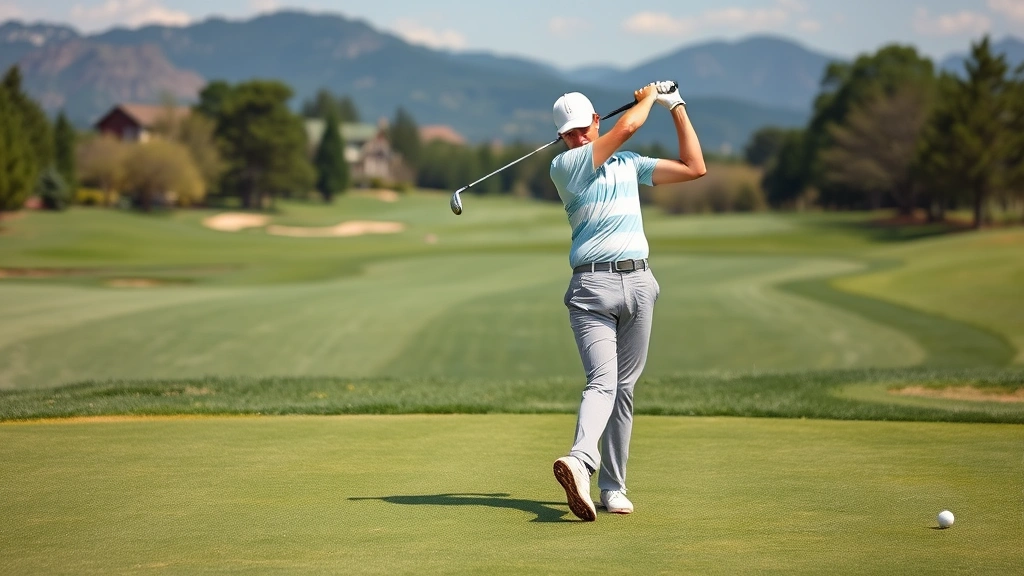 Golfer executing a full swing on a well-maintained fairway with beautiful course landscaping, showing follow-through position with proper balance and weight transfer