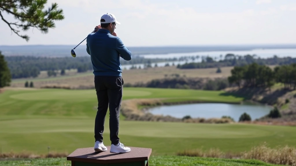 Golfer standing on elevated tee box analyzing course layout and wind conditions before teeing off, scenic fairway with water hazard visible in distance, contemplative decision-making moment