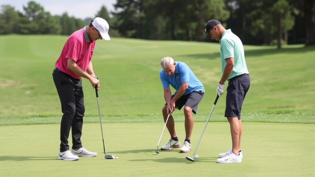 Instructor providing one-on-one golf lesson to student on practice green, demonstrating short-game technique with putter and showing proper chipping mechanics