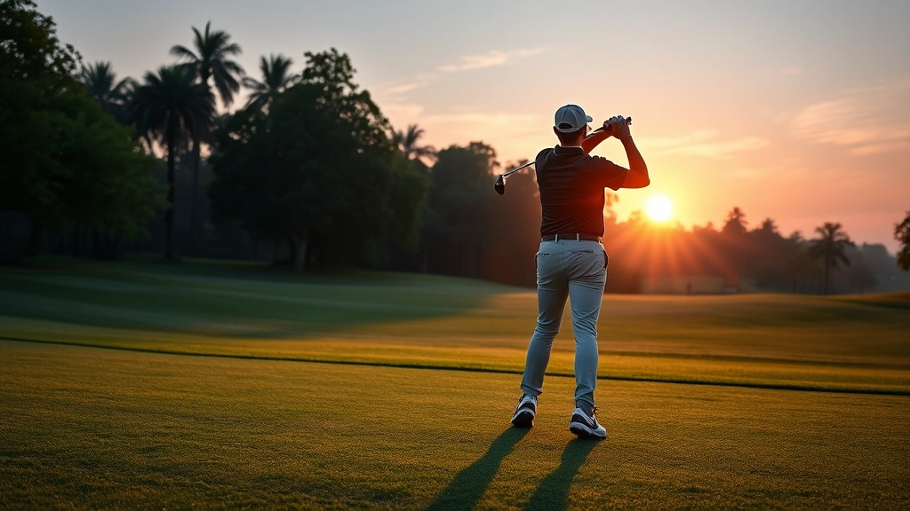 Professional golfer executing perfect tee shot at sunrise on manicured fairway, morning dew visible on grass, focused expression, driver in follow-through position