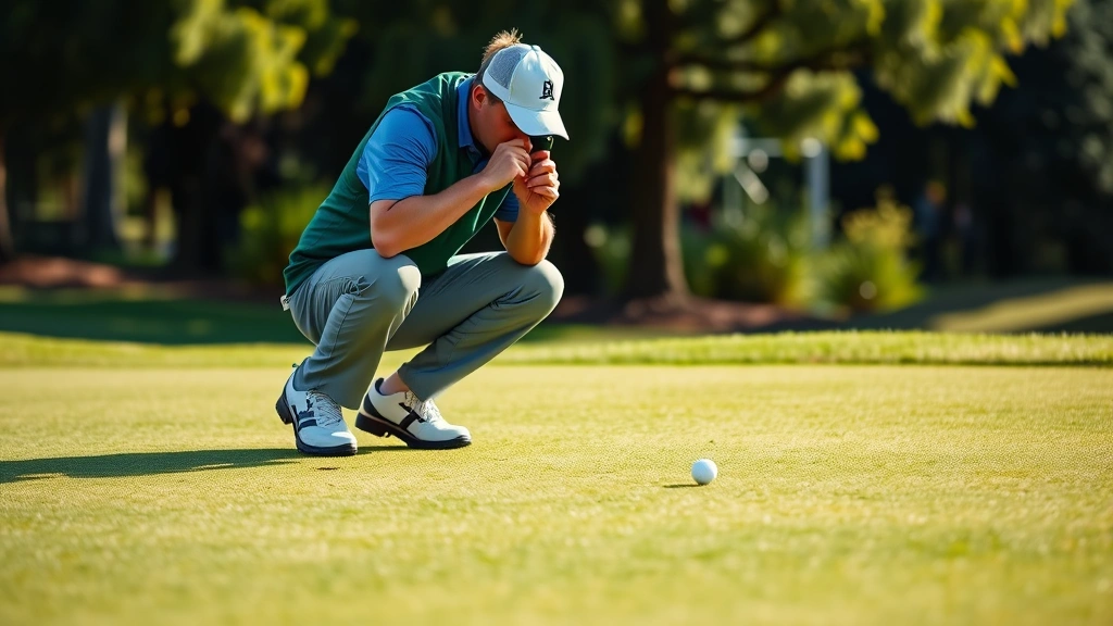 Golfer reading green with rangefinder, kneeling to examine putting surface from multiple angles, firm fast green visible, concentrated body language, natural lighting