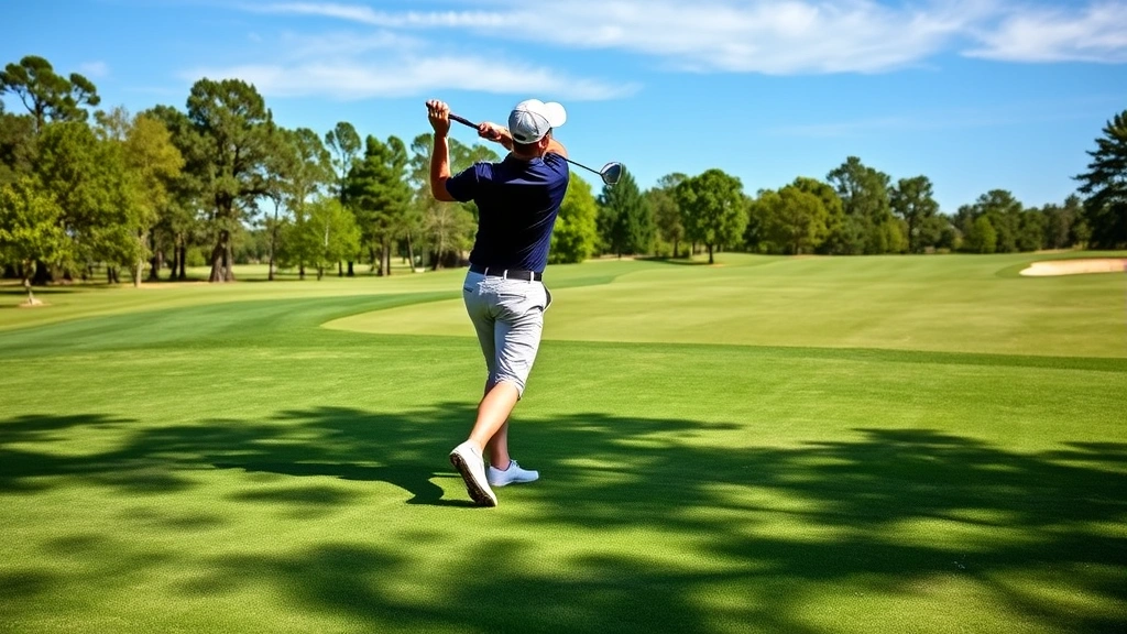 Golfer executing full swing mid-motion on beautiful course with lush green fairway, trees in background, and clear blue sky overhead