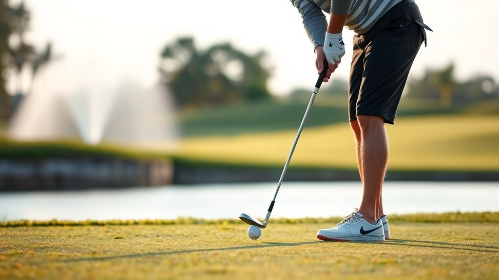 Golfer chipping from fairway near water hazard, precise contact with ball, water feature blurred in background, afternoon light, athletic stance and form