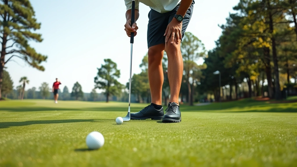 Golfer analyzing putting green with focused concentration, examining slope and break patterns before making putt, pristine green surface and flag visible