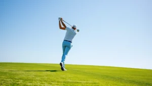 Professional golfer mid-swing on pristine fairway with manicured grass, clear blue sky, focusing on form and technique execution