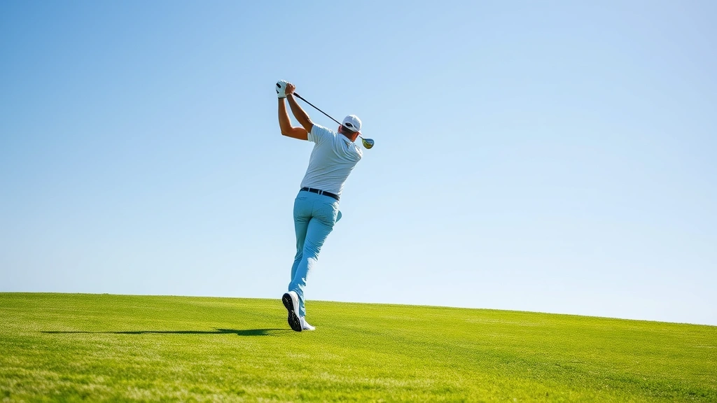 Professional golfer mid-swing on pristine fairway with manicured grass, clear blue sky, focusing on form and technique execution