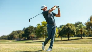 Professional golfer mid-swing on a sunny golf course with perfect form, demonstrating proper posture and grip technique during a full golf swing