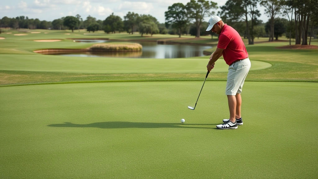 Golfer reading green contours near putting surface with water hazard visible in background, demonstrating strategic course assessment
